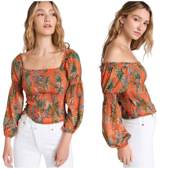 L'Agence NWT Cece Smocked Off-Shoulder Top Orange Parrot Puff Sleeve Size S - Picture 1 of 13